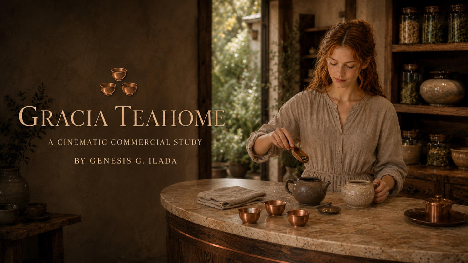 A cinematic study of a teahome where inherited recipes, careful ritual, and the warmth of the table restore belonging. The Gracia Teahome cinematic commercial study title card showing a woman preparing tea in a warmly lit, rustic teahome.