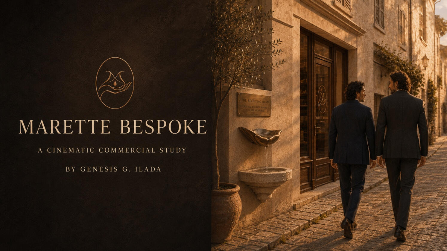A cinematic study of bespoke tailoring where every garment begins before the cloth and honors the man within. Marette Bespoke cinematic commercial study title card showing two men approaching a warmly lit bespoke atelier along a cobblestone street.