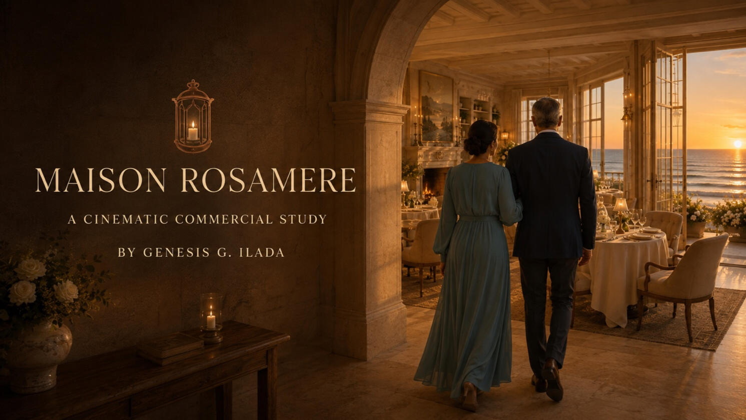 A cinematic study of a coastal retreat shaped by remembrance, hospitality, and a quiet return to the sea. Maison Rosamere cinematic commercial study title card showing a couple entering a warmly lit seaside dining room at sunset.