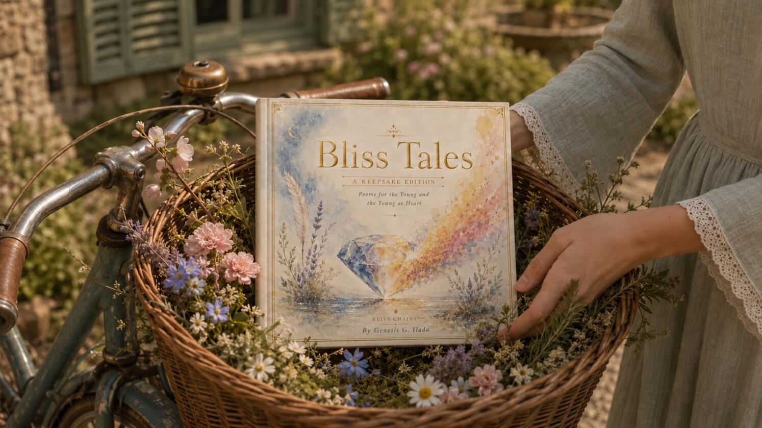 Bliss Tales — Keepsake Edition Bliss Tales Keepsake Edition nestled among wildflowers in a wicker bicycle basket under warm natural light.