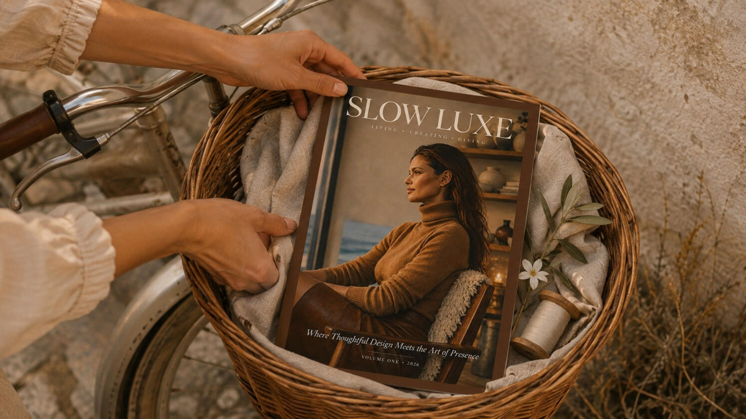 Slow Luxe Studio Magazine — The Founder’s Issue The Founder’s Issue of Slow Luxe Studio Magazine arranged with linen and botanical details in a wicker bicycle basket.
