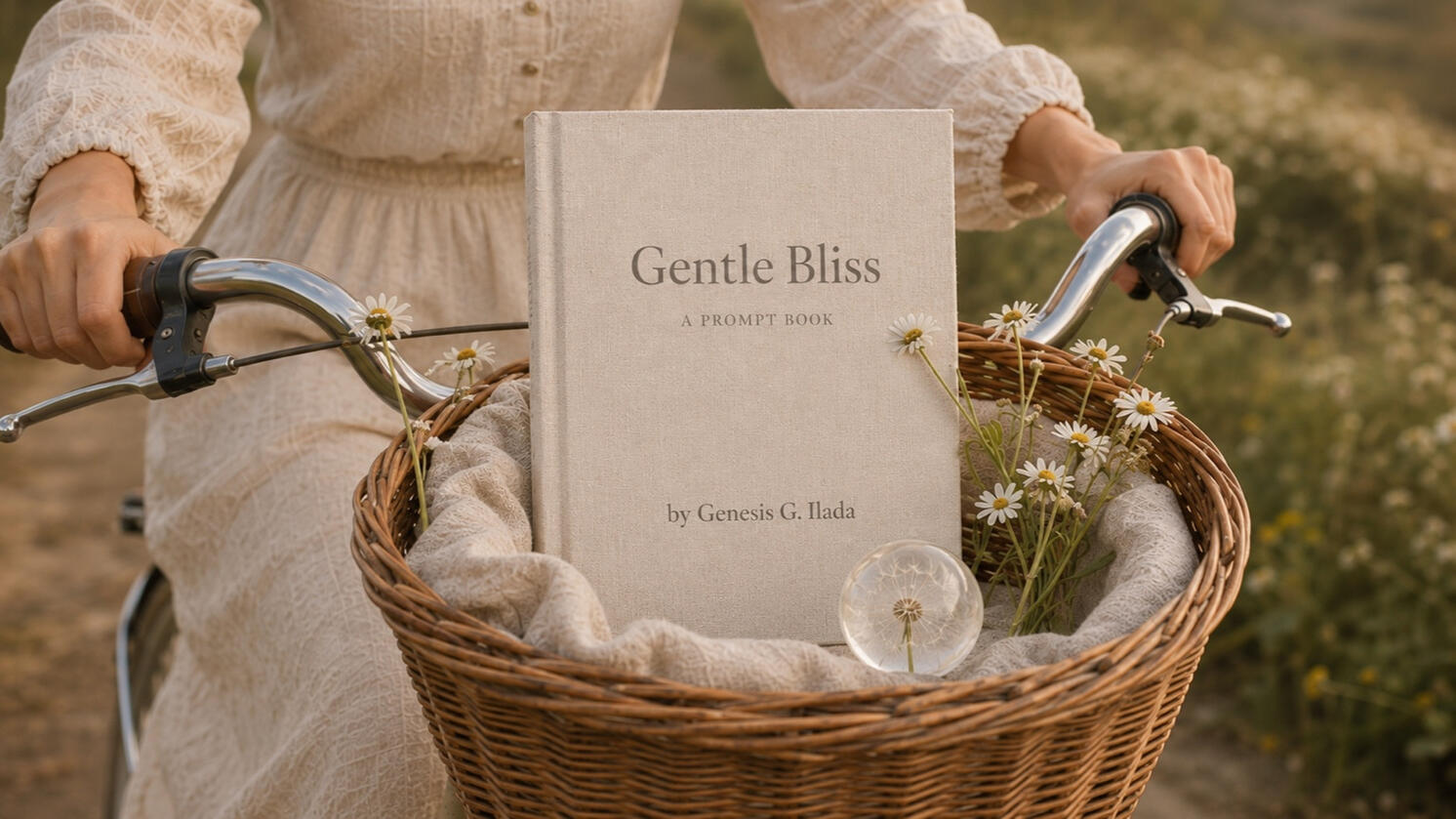 Gentle Bliss — A Prompt Book Gentle Bliss prompt book displayed with daisies, cream linen, and a glass dandelion keepsake in a wicker bicycle basket.