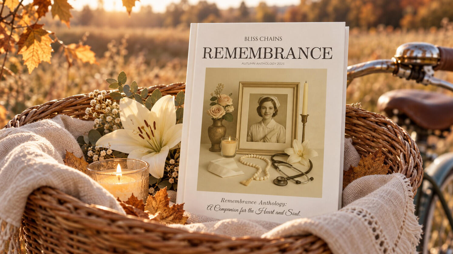 Bliss Chains Remembrance — Autumn Anthology 2025 Bliss Chains Remembrance anthology displayed with an ivory lily, candle, autumn leaves, and cream linen in a wicker bicycle basket.