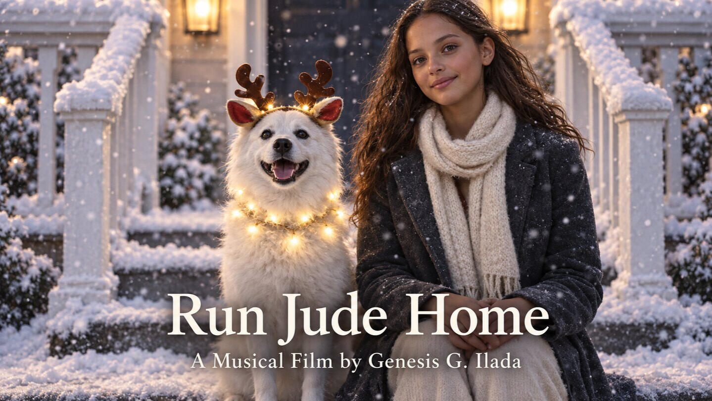 Run Jude Home — A musical film by Genesis G. Ilada Young woman sits beside a joyful white dog wearing illuminated reindeer antlers in a snow-covered garden; title reads “Run Jude Home.”