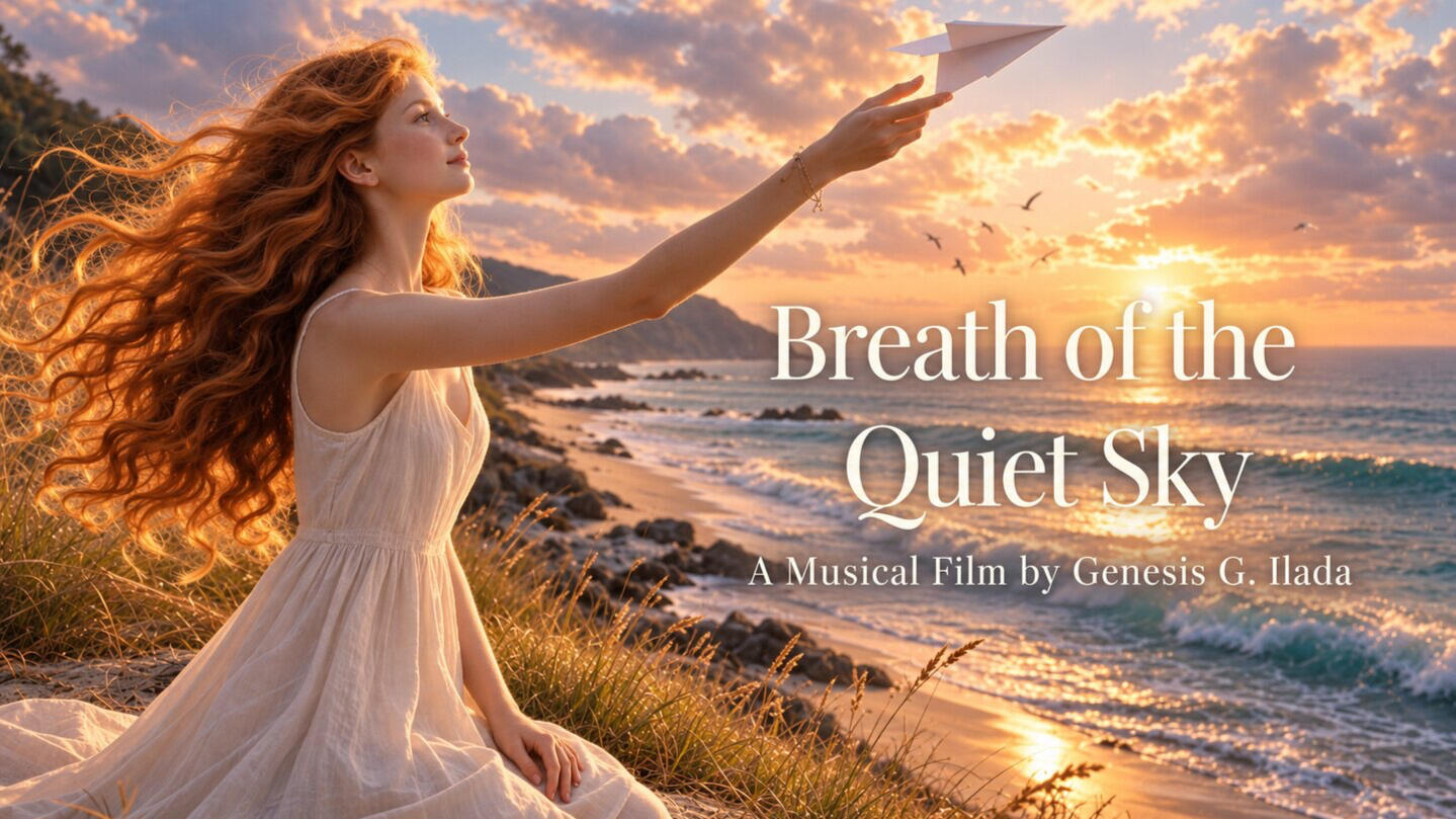 Breath of the Quiet Sky — A musical film by Genesis G. Ilada Red-haired woman in a flowing ivory dress releases a white paper bird above the ocean at sunset; title reads “Breath of the Quiet Sky.”