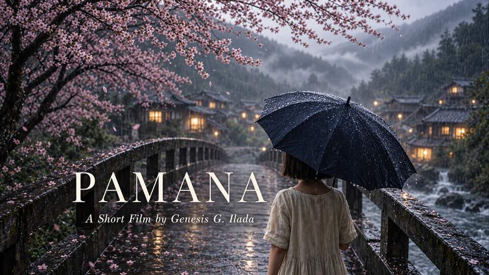 Pamana — A Short Film by Genesis G. Ilada A solitary young girl in an ivory dress walks beneath a dark umbrella across a rain-soaked wooden bridge toward a misty village illuminated by warm lights; title reads “Pamana.”